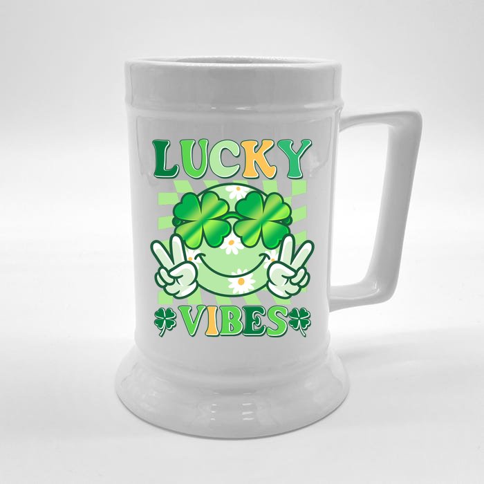 Retro St Patricks Day Lucky Vibes Peace Smiley Emoji Front & Back Beer Stein