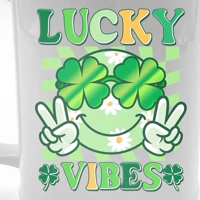 Retro St Patricks Day Lucky Vibes Peace Smiley Emoji Front & Back Beer Stein