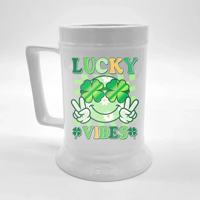 Retro St Patricks Day Lucky Vibes Peace Smiley Emoji Front & Back Beer Stein