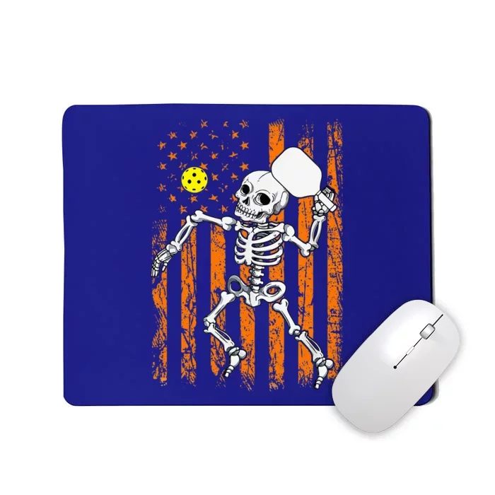 Retro Skeleton Playing Pickleball USA Flag Halloween Mousepad