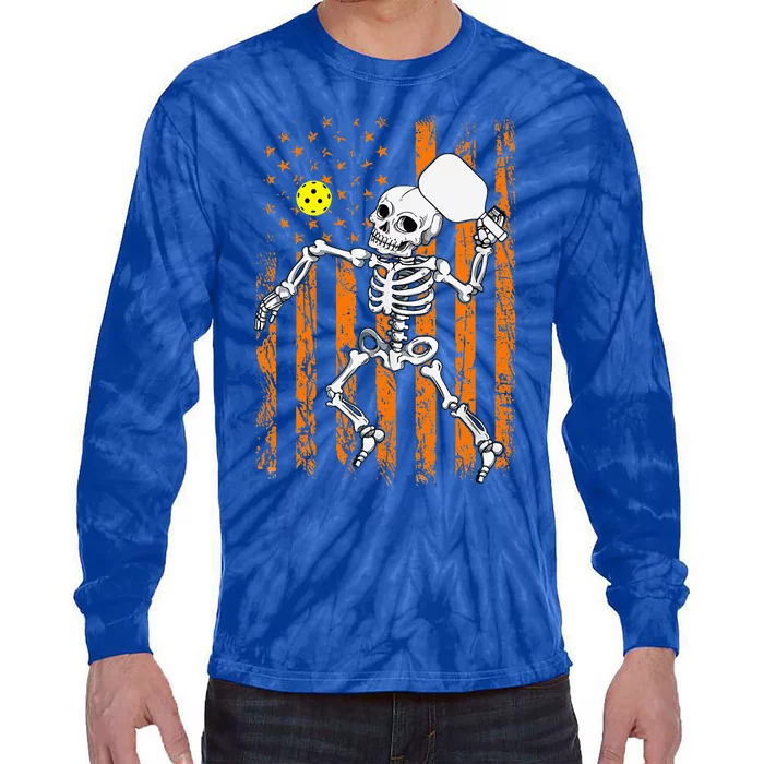 Retro Skeleton Playing Pickleball USA Flag Halloween Tie-Dye Long Sleeve Shirt