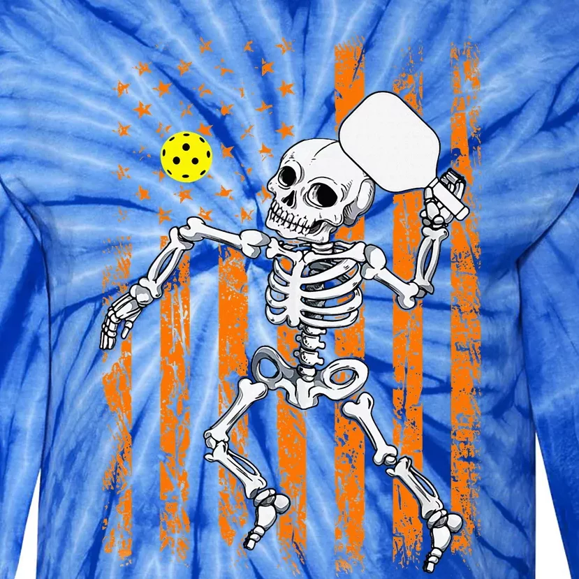 Retro Skeleton Playing Pickleball USA Flag Halloween Tie-Dye Long Sleeve Shirt