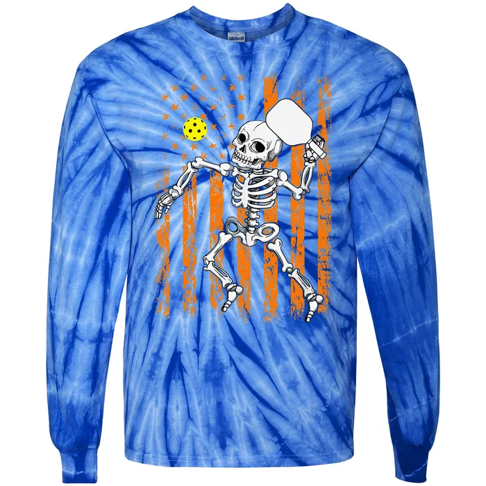 Retro Skeleton Playing Pickleball USA Flag Halloween Tie-Dye Long Sleeve Shirt