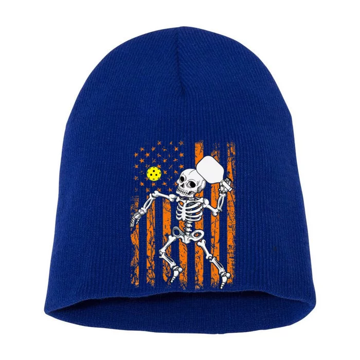 Retro Skeleton Playing Pickleball USA Flag Halloween Short Acrylic Beanie