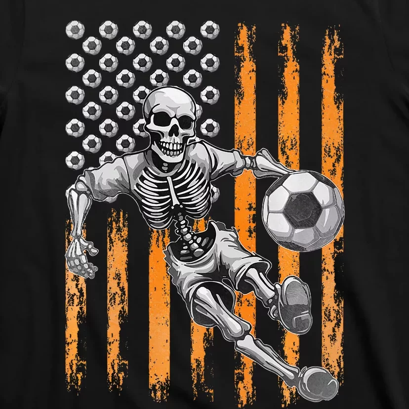 Retro Skeleton Playing Soccer USA Flag Halloween T-Shirt