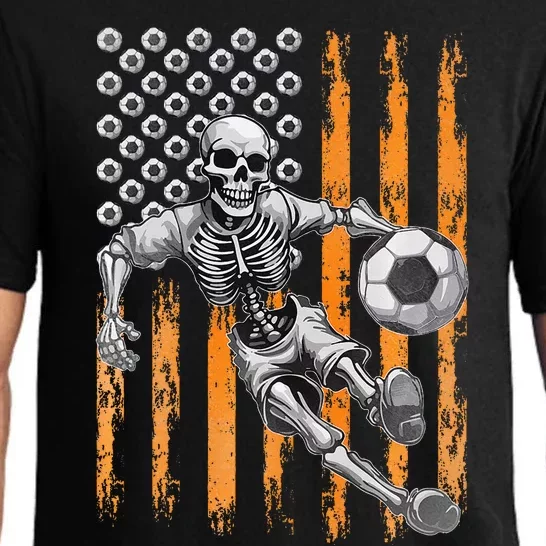 Retro Skeleton Playing Soccer USA Flag Halloween Pajama Set