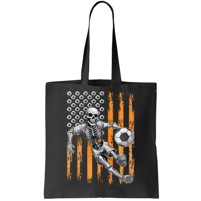 Retro Skeleton Playing Soccer USA Flag Halloween Tote Bag