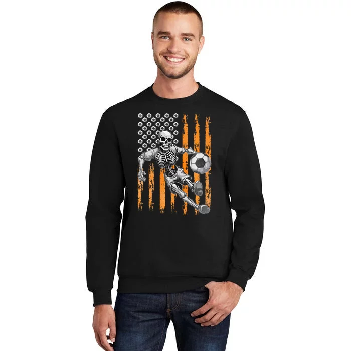 Retro Skeleton Playing Soccer USA Flag Halloween Tall Sweatshirt