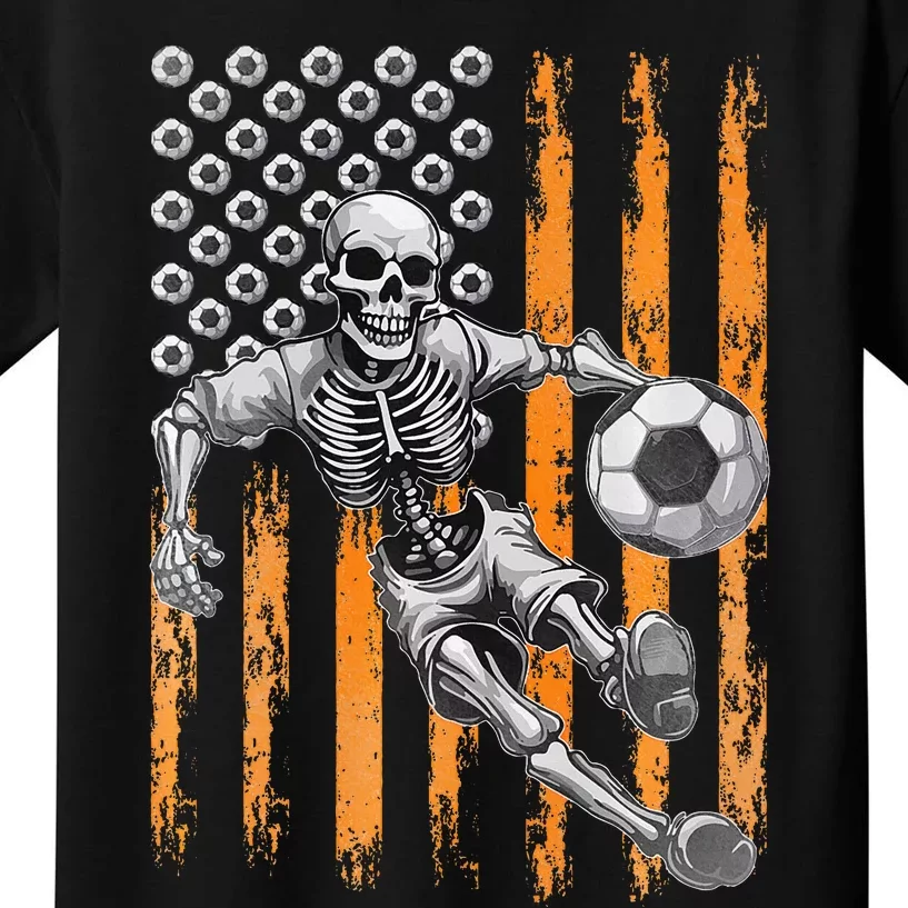 Retro Skeleton Playing Soccer USA Flag Halloween Kids T-Shirt