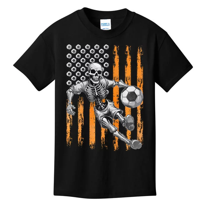 Retro Skeleton Playing Soccer USA Flag Halloween Kids T-Shirt