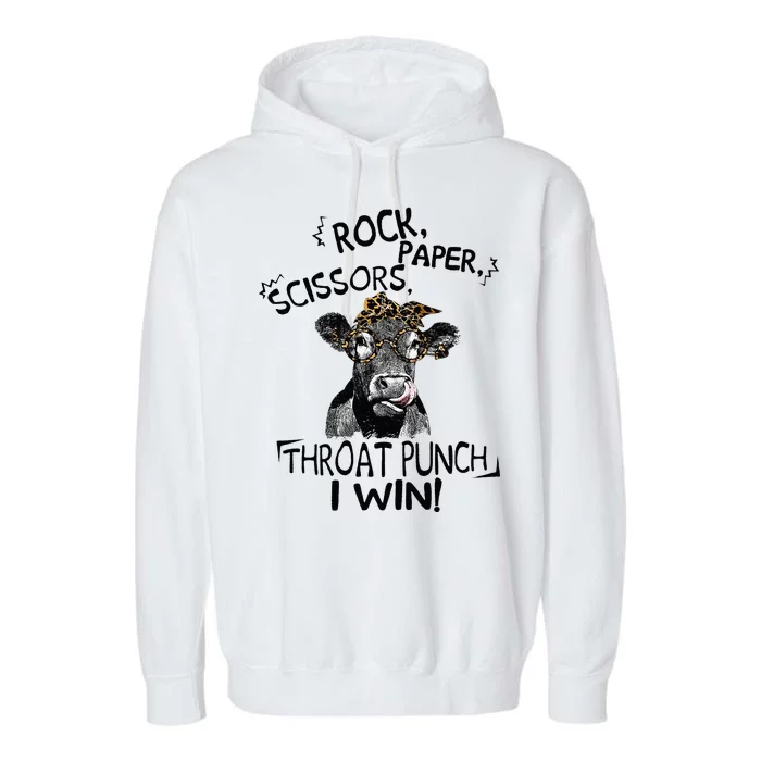 Rock Scissors Paper Throat Punch I Win Funny Cow Heifer Garment-Dyed Fleece Hoodie