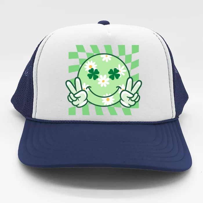 Retro St Patricks Day Smiley Emoji Peace Sign Trucker Hat