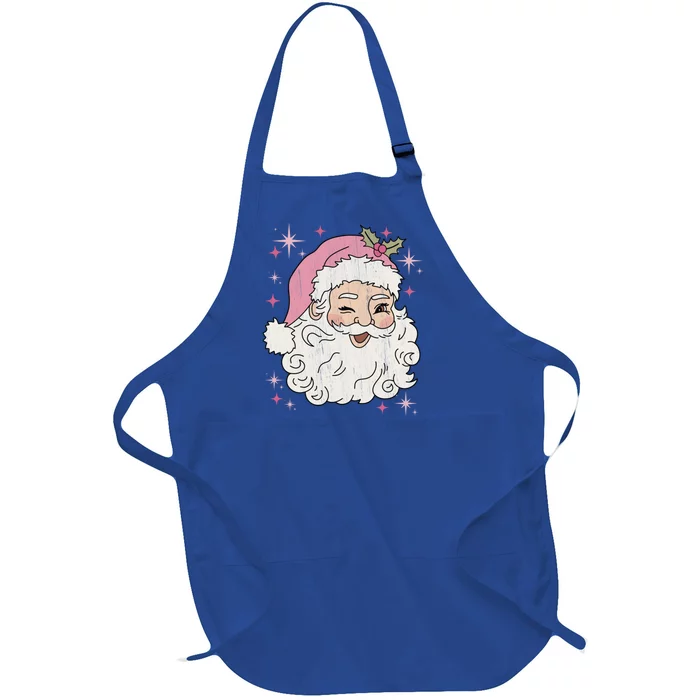 Retro Santa Pastel Christmas Vintage Pink Santa Claus Face Gift Full-Length Apron With Pocket