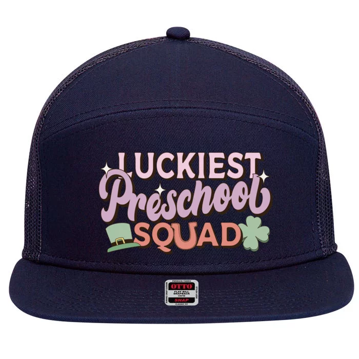 Retro St Patricks Day Teacher Gift Luckiest Preschool Squad 7 Panel Mesh Trucker Snapback Hat