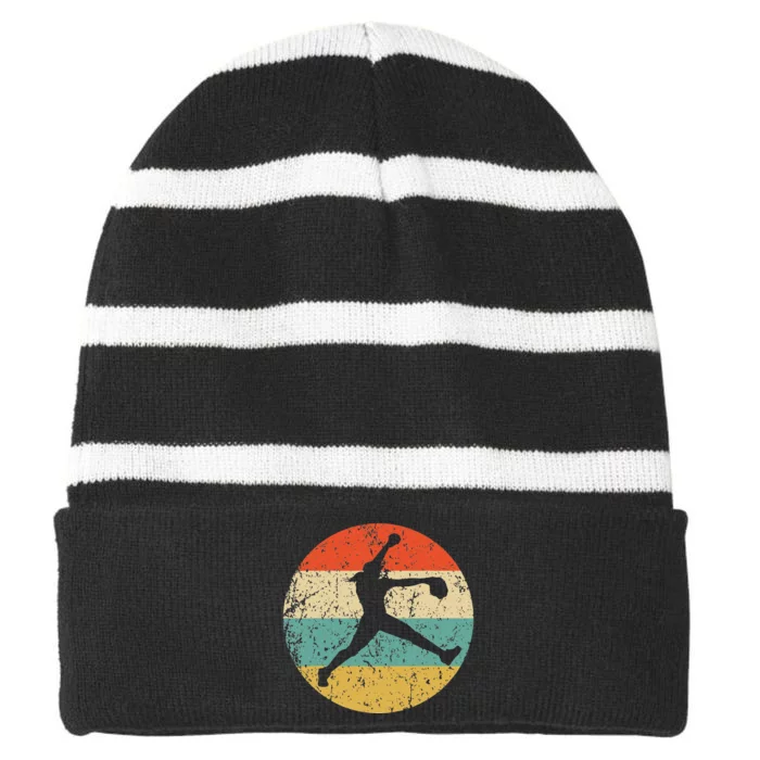 Retro Softball Pitcher 1960S 1970S Striped Beanie with Solid Band