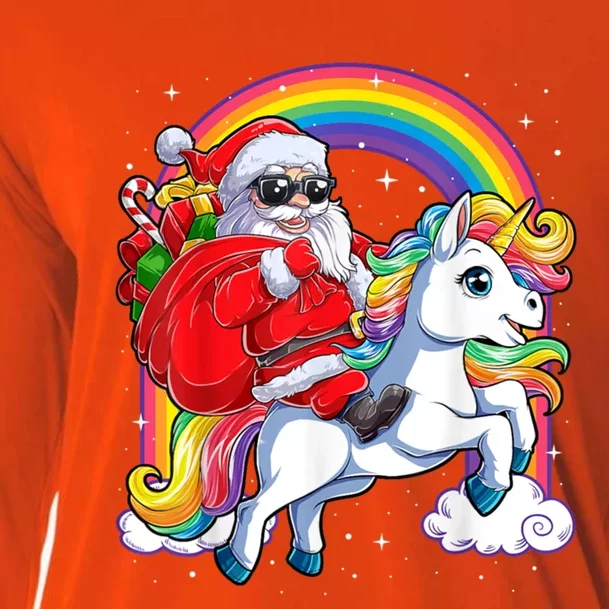 Retro Santa Riding Unicorn Christmas Rainbow Gift Cooling Performance Long Sleeve Crew