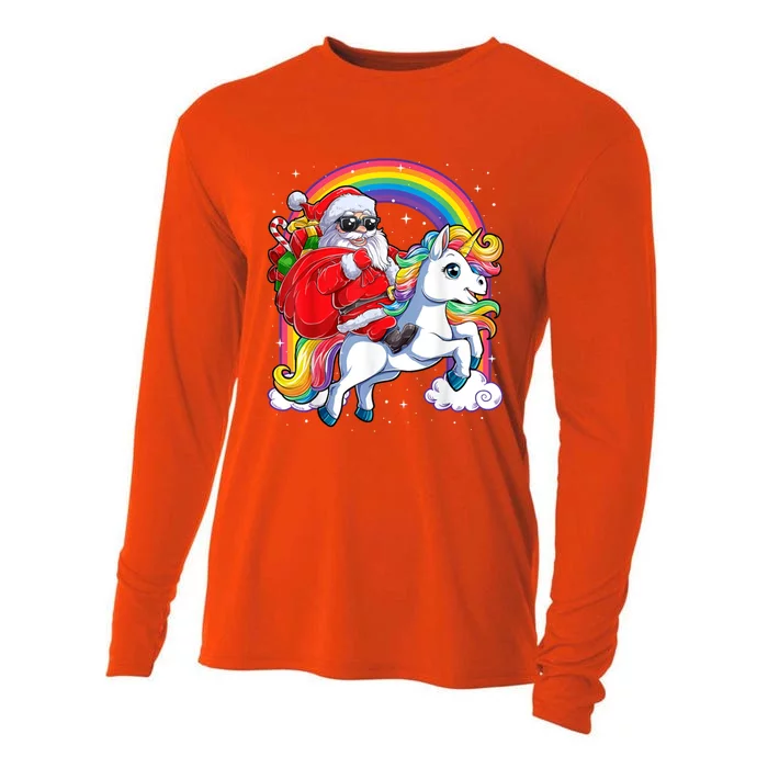 Retro Santa Riding Unicorn Christmas Rainbow Gift Cooling Performance Long Sleeve Crew