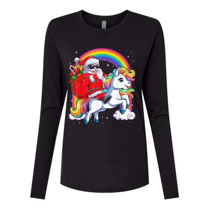 Retro Santa Riding Unicorn Christmas Rainbow Gift Womens Cotton Relaxed Long Sleeve T-Shirt