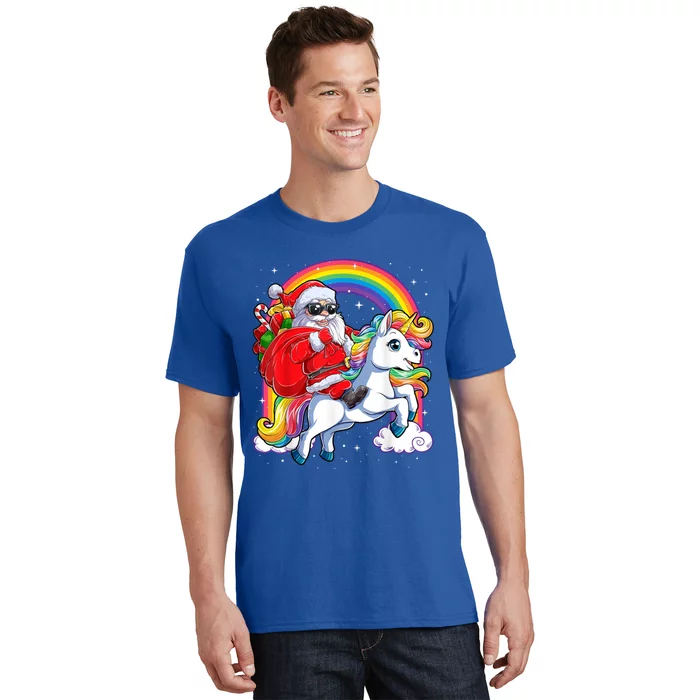 Retro Santa Riding Unicorn Christmas Rainbow Gift T-Shirt