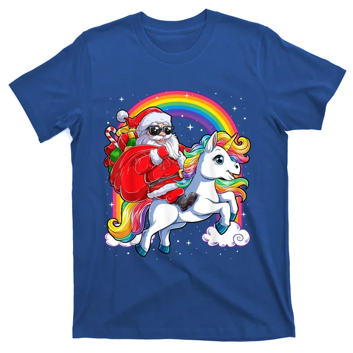 Retro Santa Riding Unicorn Christmas Rainbow Gift T-Shirt