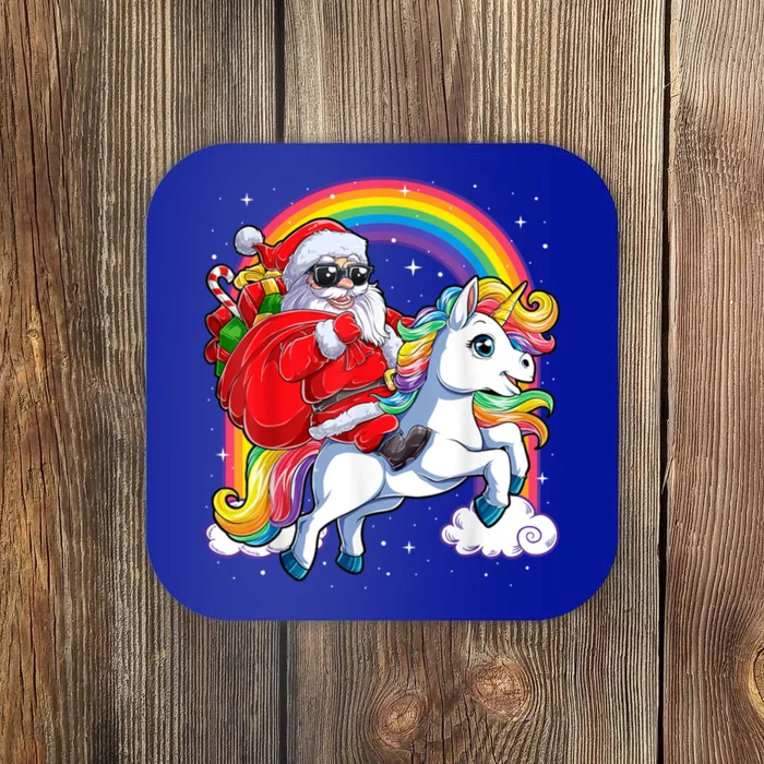 Retro Santa Riding Unicorn Christmas Rainbow Gift Coaster