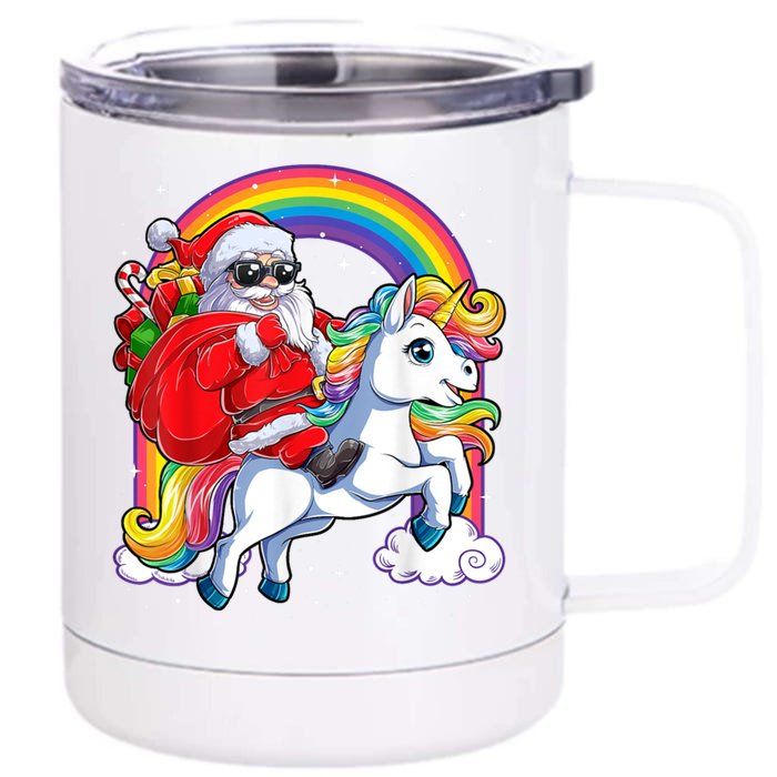 Retro Santa Riding Unicorn Christmas Rainbow Gift Front & Back 12oz Stainless Steel Tumbler Cup