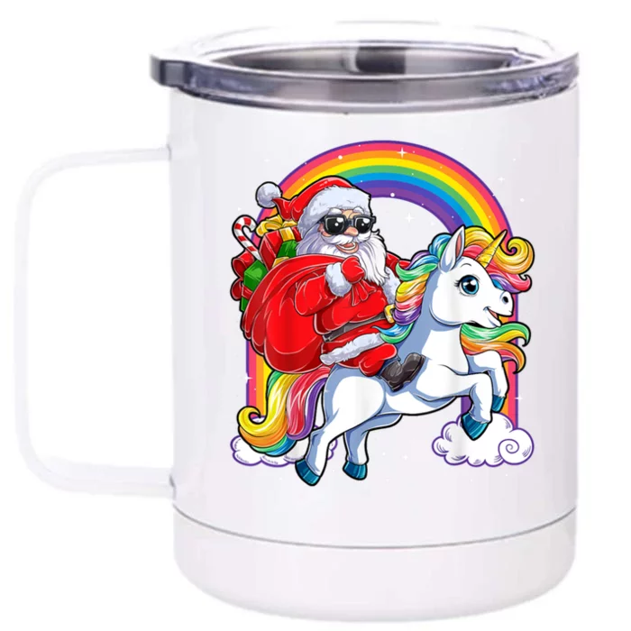 Retro Santa Riding Unicorn Christmas Rainbow Gift Front & Back 12oz Stainless Steel Tumbler Cup