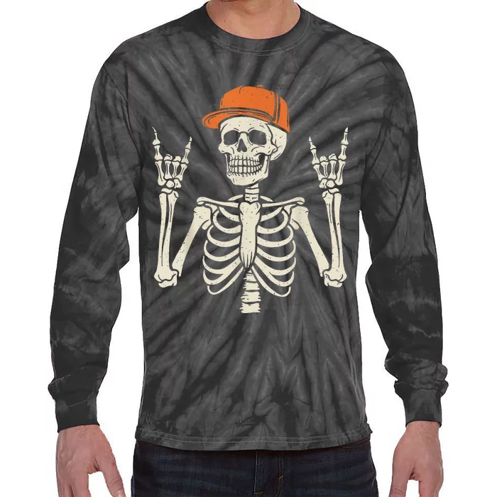 Rocker Skeleton Rock On Hand Halloween Skeleton Tie-Dye Long Sleeve Shirt