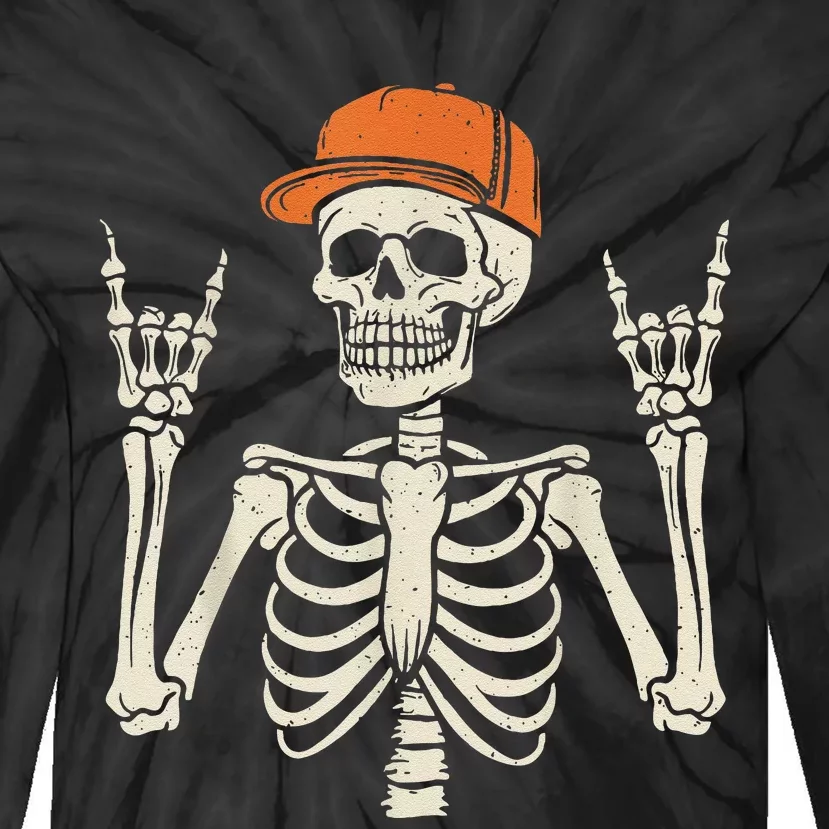 Rocker Skeleton Rock On Hand Halloween Skeleton Tie-Dye Long Sleeve Shirt