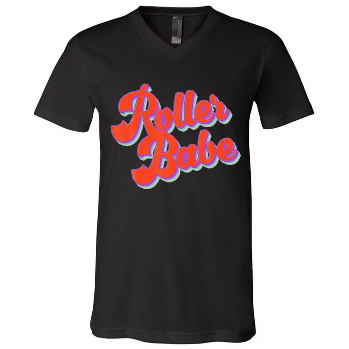 Roller Skate Retro 70s Derby Skater Babe Roller Disco V-Neck T-Shirt