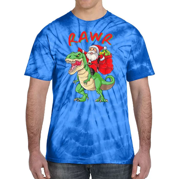 Rawr Santa Riding A Green Dinosoar Delivering Presents Meaningful Gift Tie-Dye T-Shirt