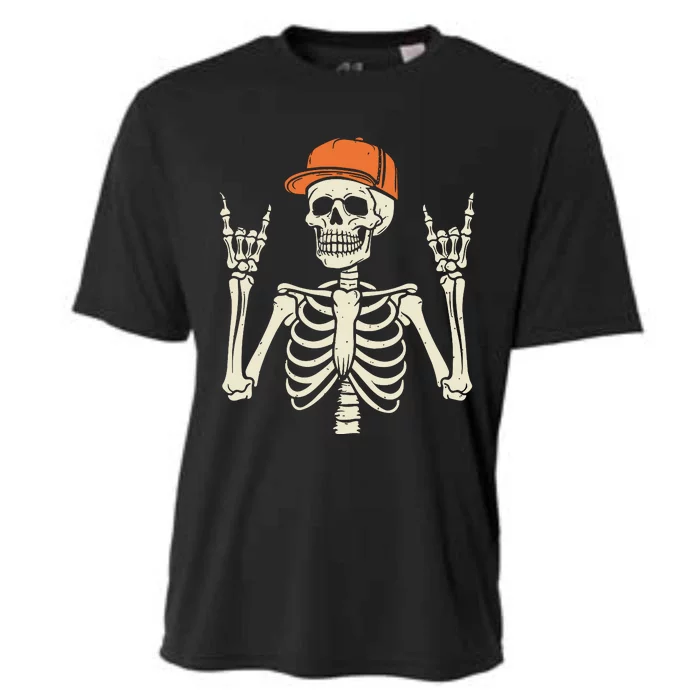 Rocker Skeleton Rock On Hand Halloween Skeleton Cooling Performance Crew T-Shirt