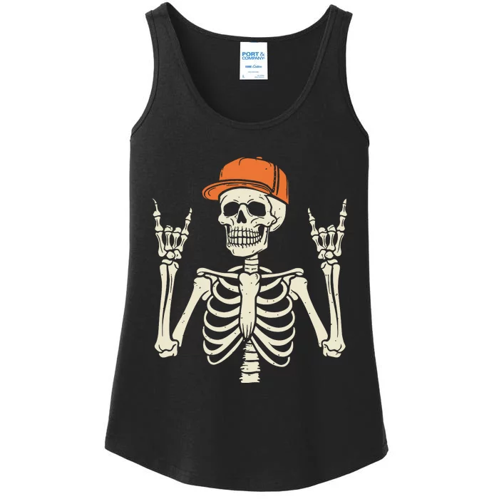 Rocker Skeleton Rock On Hand Halloween Skeleton Ladies Essential Tank