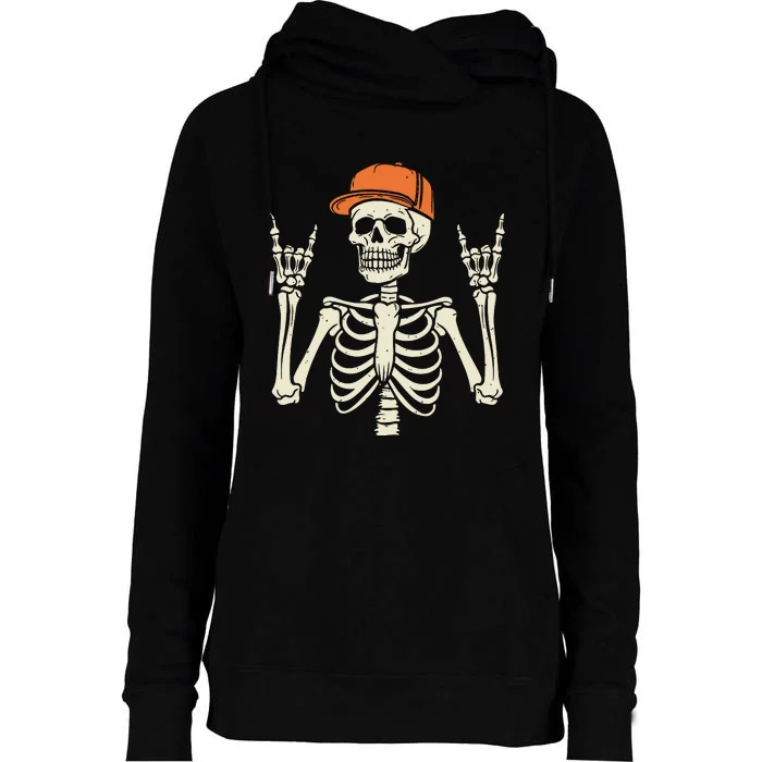 Rocker Skeleton Rock On Hand Halloween Skeleton Womens Funnel Neck Pullover Hood