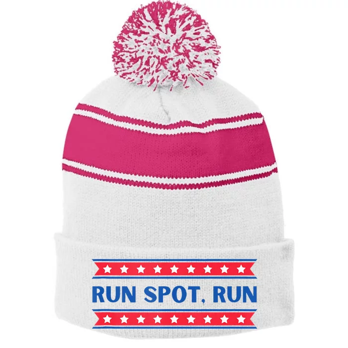 Run Spot Run Donald Trump Debate Quote 2024 Kamala Stripe Pom Pom Beanie