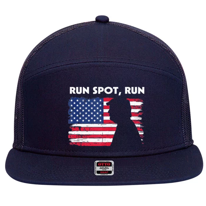 Run Spot Run Donald Trump Debate Quote 2024 Kamala 7 Panel Mesh Trucker Snapback Hat