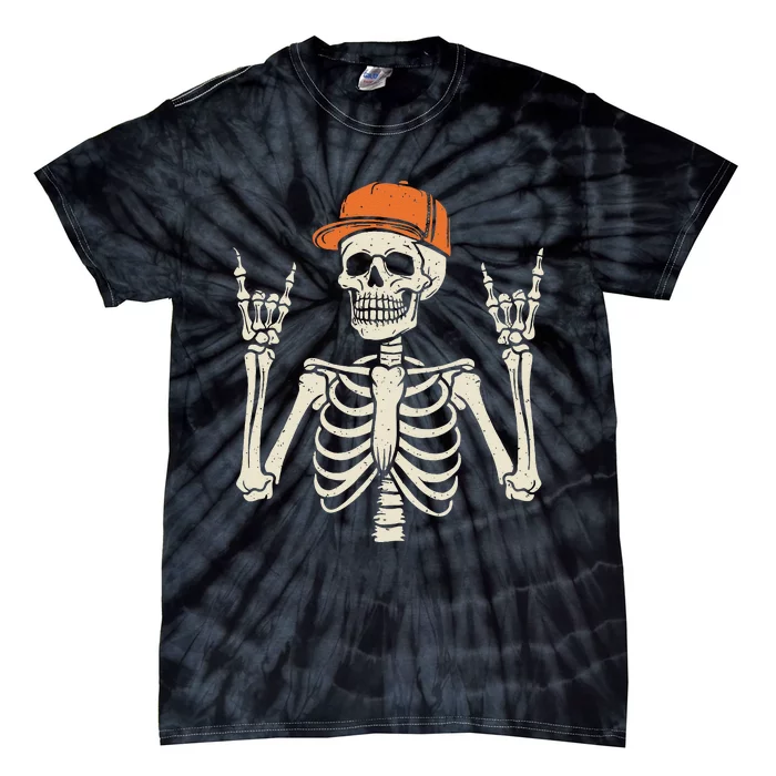 Rocker Skeleton Rock On Hand Halloween Skeleton Gift Tie-Dye T-Shirt