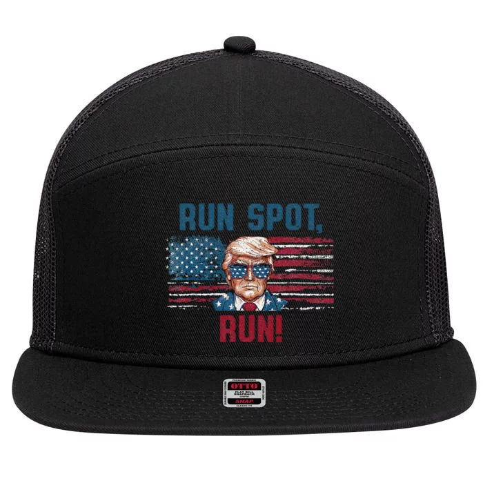 Run Spot Run Funny Donald Trump Debate Quote 2024 Kamala 7 Panel Mesh Trucker Snapback Hat