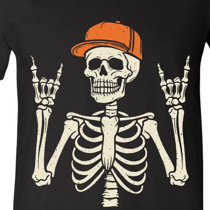 Rocker Skeleton Rock On Hand Halloween Skeleton V-Neck T-Shirt