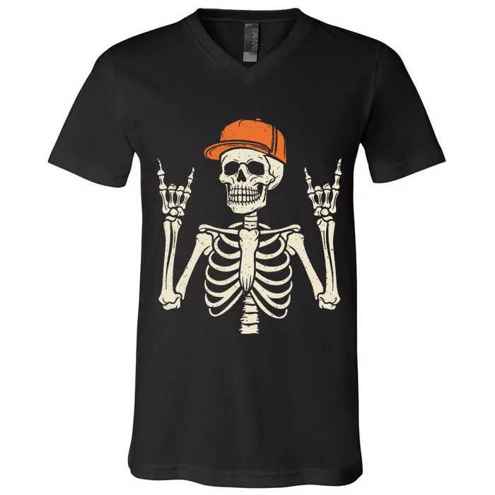 Rocker Skeleton Rock On Hand Halloween Skeleton V-Neck T-Shirt