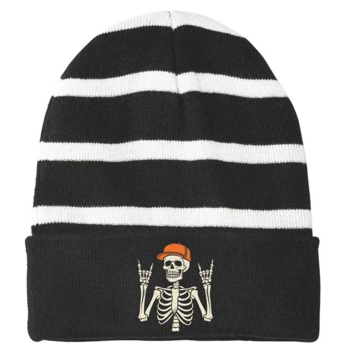 Rocker Skeleton Rock On Hand Halloween Skeleton Striped Beanie with Solid Band