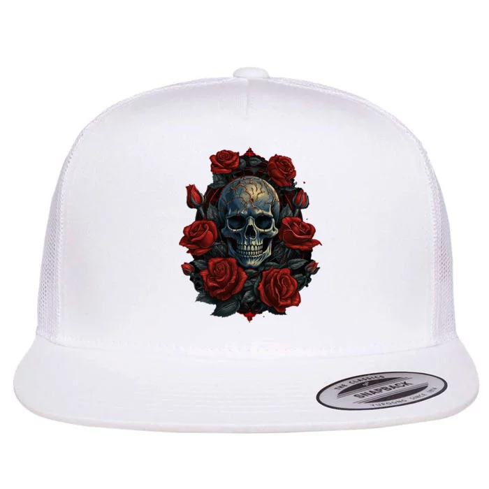 Rose Skeleton Skull Hand Red Flower Rose Flat Bill Trucker Hat