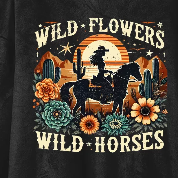 Retro Southern Sunset Cowgirl Wild Flowers Wild Horses Hooded Wearable Blanket