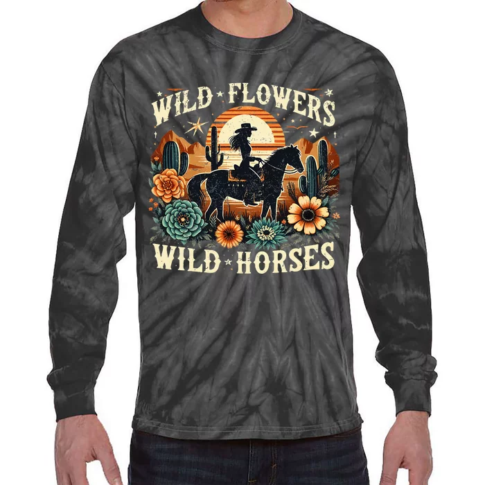 Retro Southern Sunset Cowgirl Wild Flowers Wild Horses Tie-Dye Long Sleeve Shirt