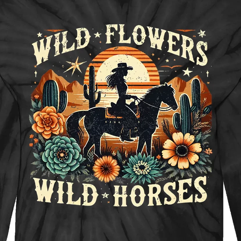 Retro Southern Sunset Cowgirl Wild Flowers Wild Horses Tie-Dye Long Sleeve Shirt