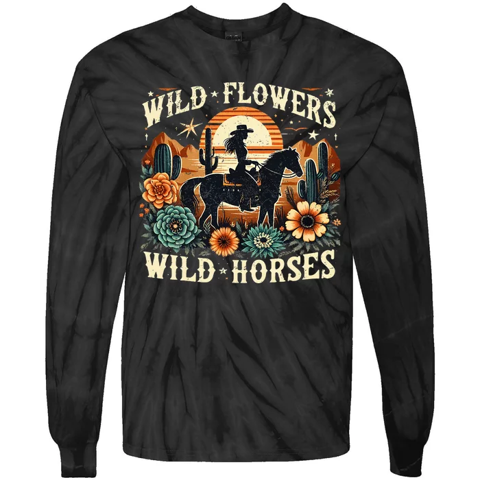 Retro Southern Sunset Cowgirl Wild Flowers Wild Horses Tie-Dye Long Sleeve Shirt