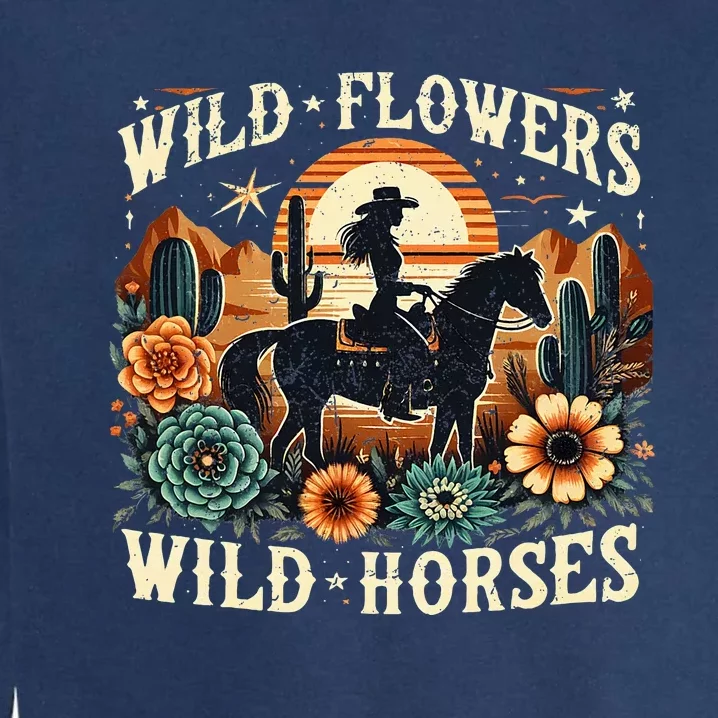 Retro Southern Sunset Cowgirl Wild Flowers Wild Horses Garment-Dyed Sweatshirt