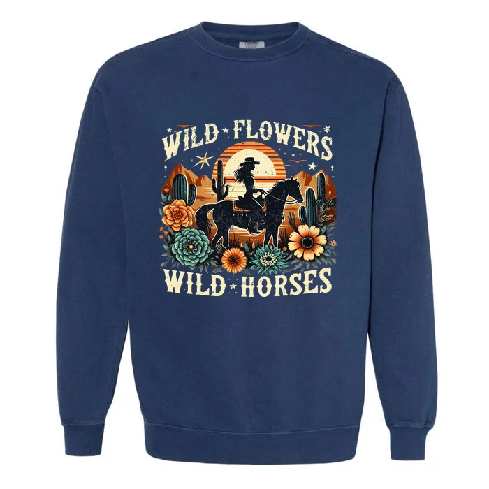 Retro Southern Sunset Cowgirl Wild Flowers Wild Horses Garment-Dyed Sweatshirt