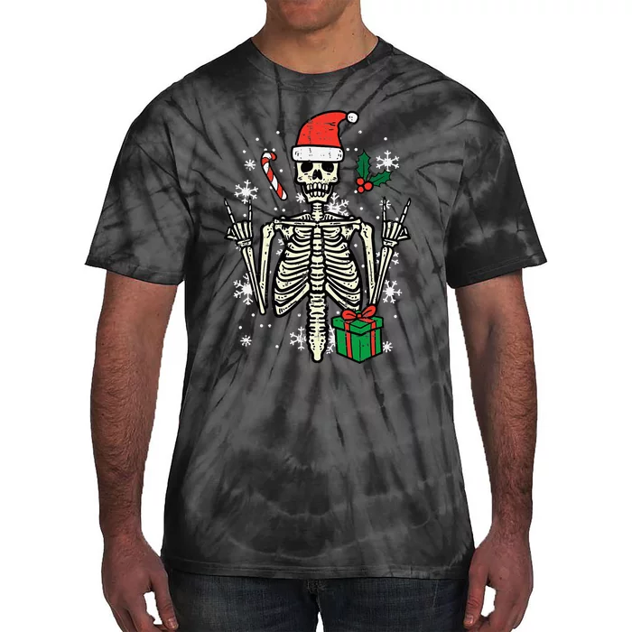 Rockin' Santa Skeleton Hand Christmas Ornament Tie-Dye T-Shirt