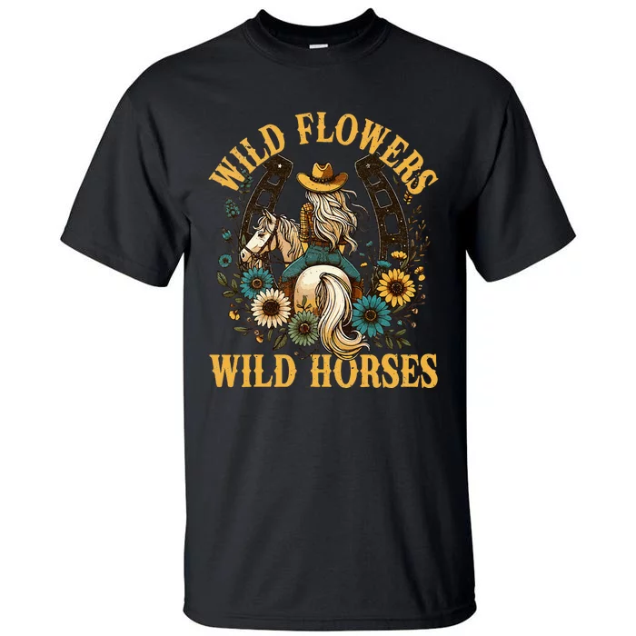 Retro Southern Sunset Cowgirl Wild Flowers Wild Horses Tall T-Shirt